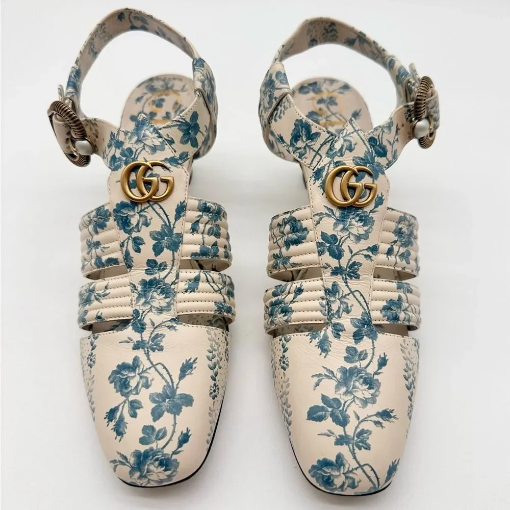 Gucci Gea GG Mid Heel Buds/Floral Blue Leather T-Strap  Sandal Pump EU37.5 US7.5 - Picture 3 of 13